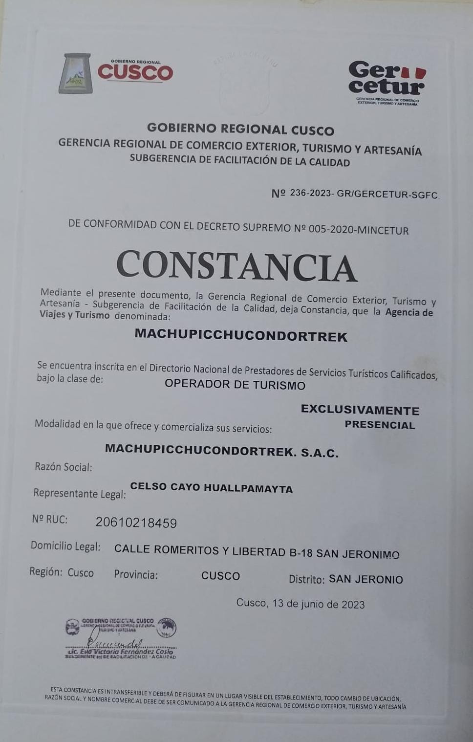 Constancia GERCETUR